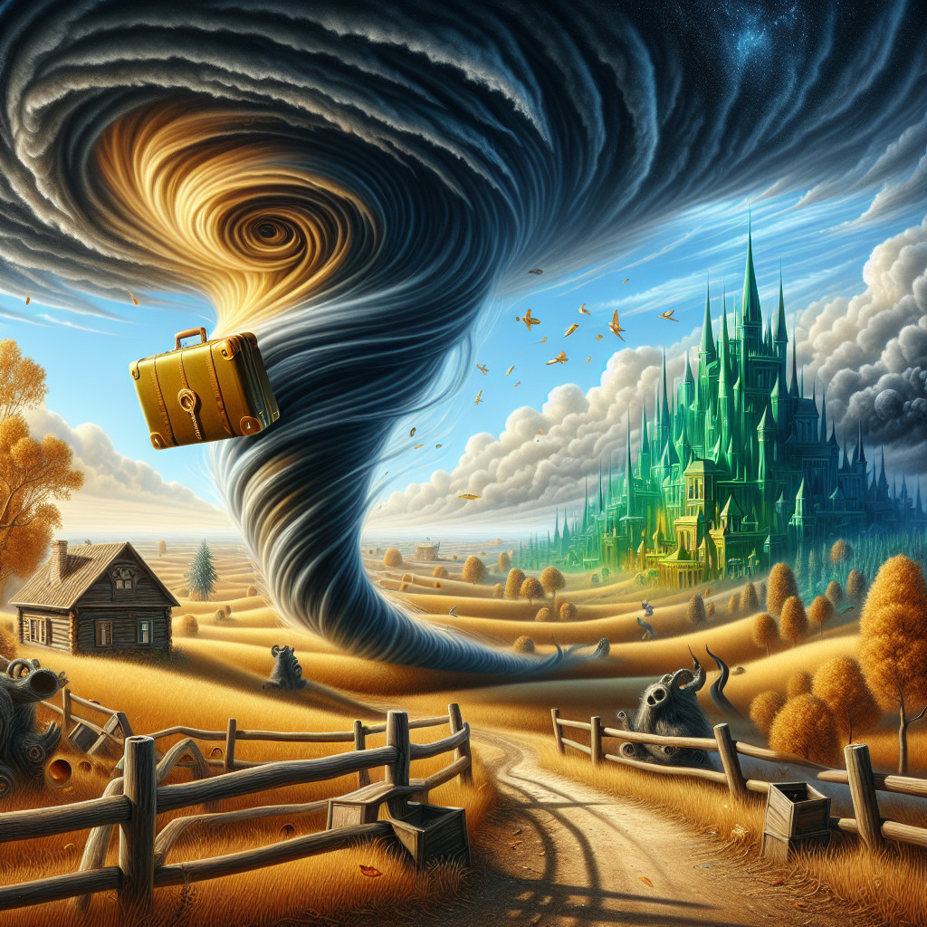 Tornado with Yellow Suitcase in a Vivid Landscape