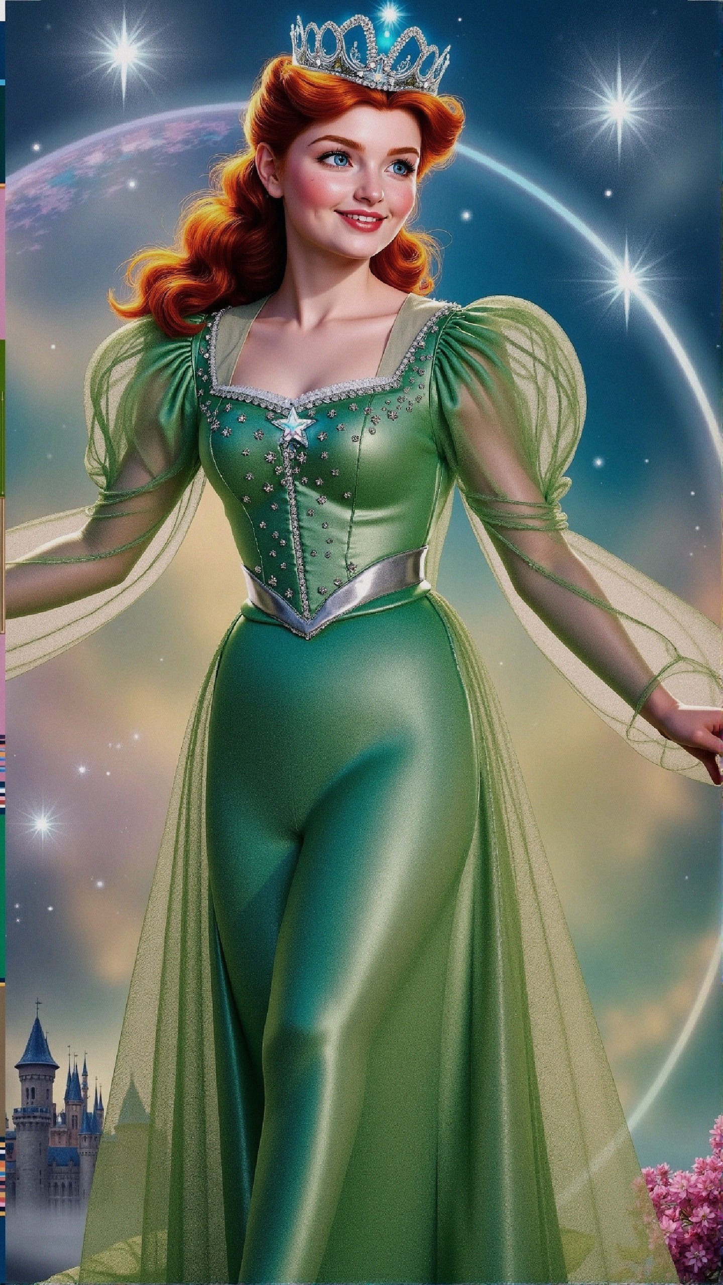 Character in Green Gown Against Magical Landscape