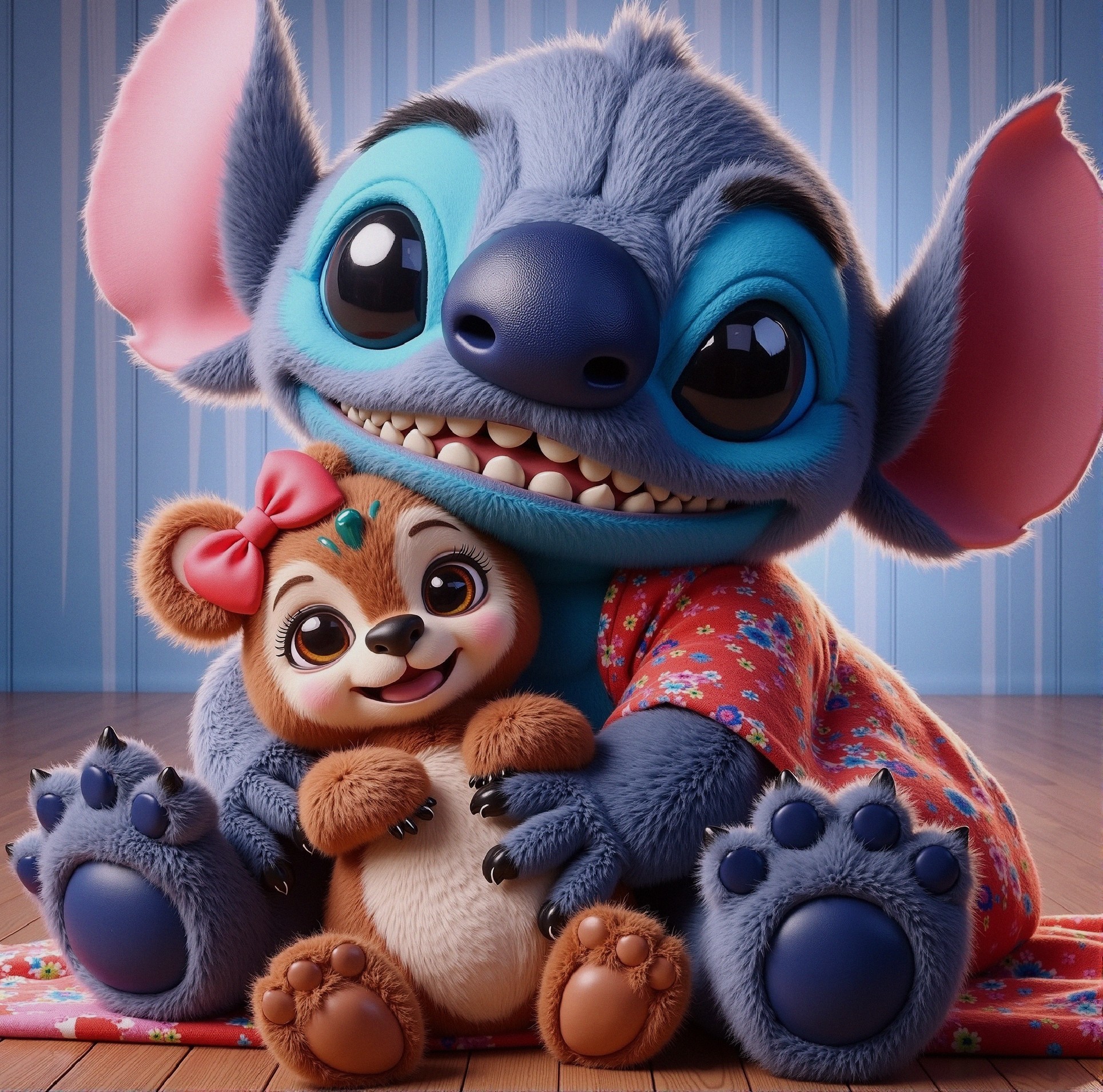 Colorful Animated Scene of Fluffy Blue Creature and Bear