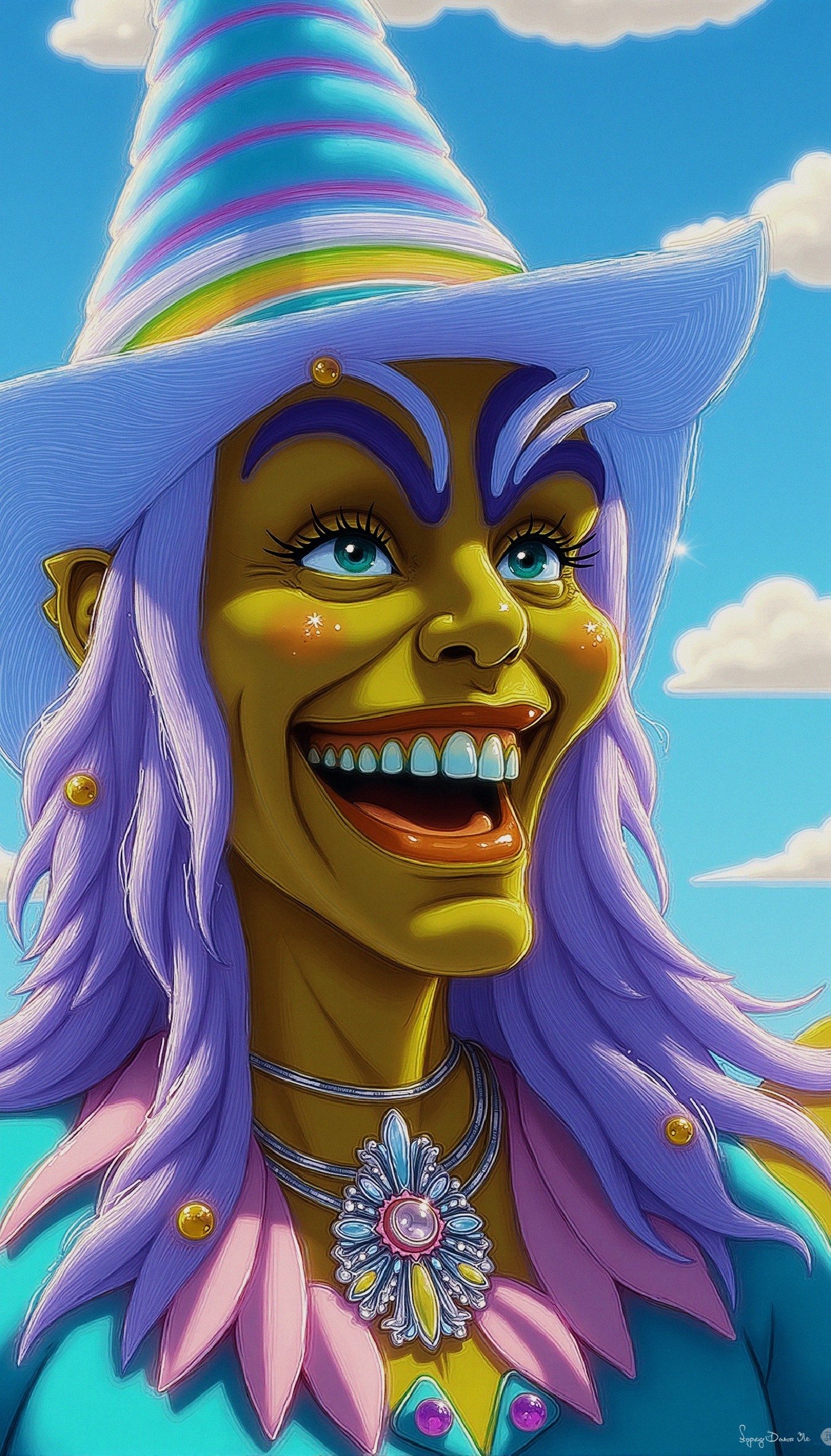 Whimsical Character with Purple Hair and Colorful Hat