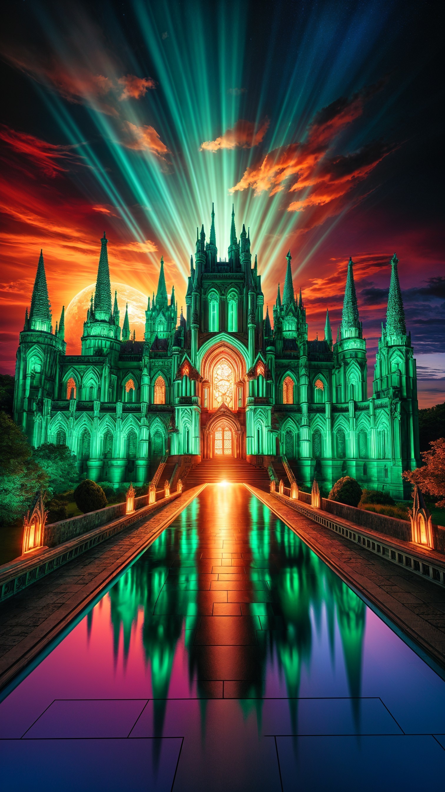 Gothic castle illuminated by sunset and vibrant lights