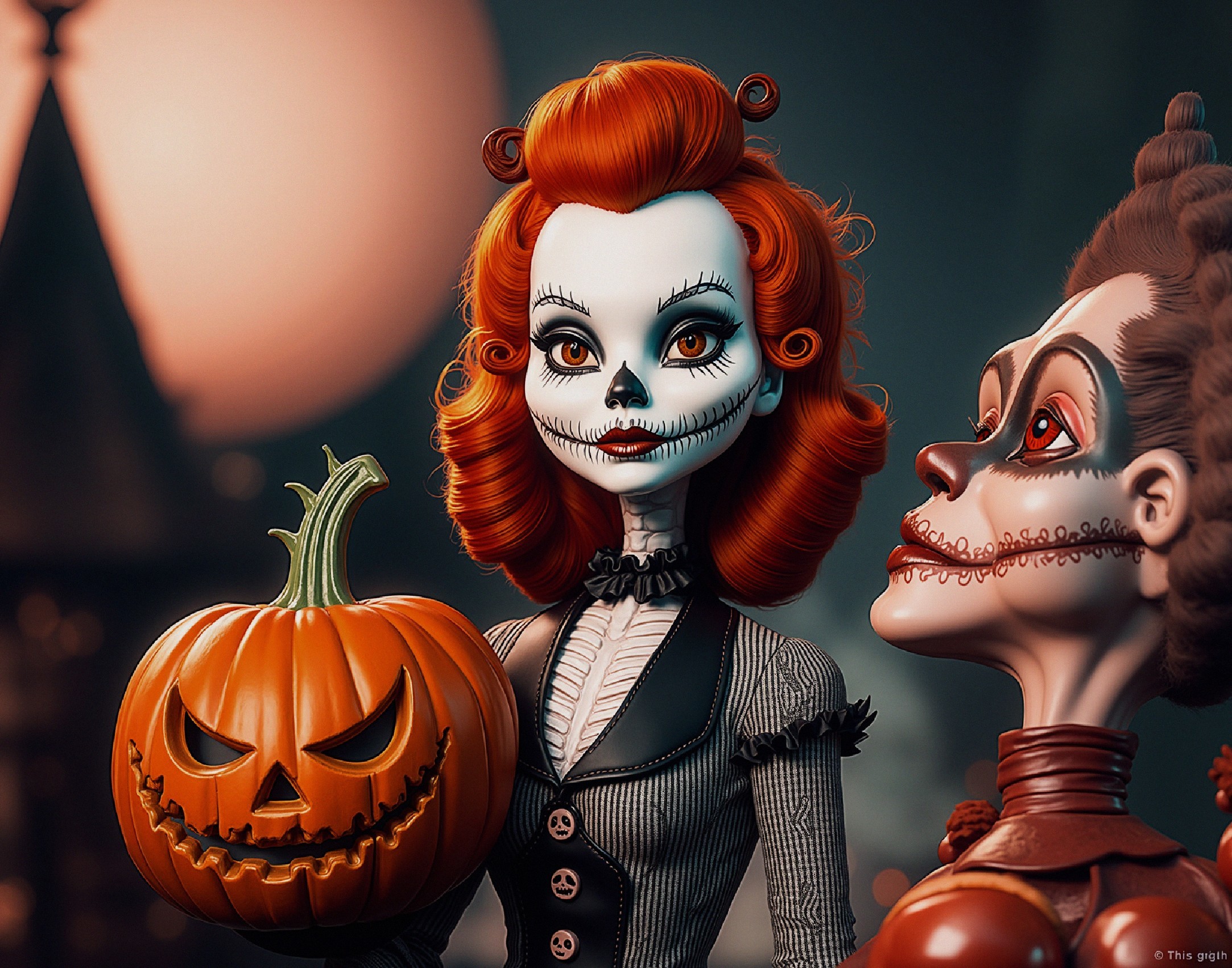 Halloween-Themed Dolls with Skeleton Faces and Pumpkins