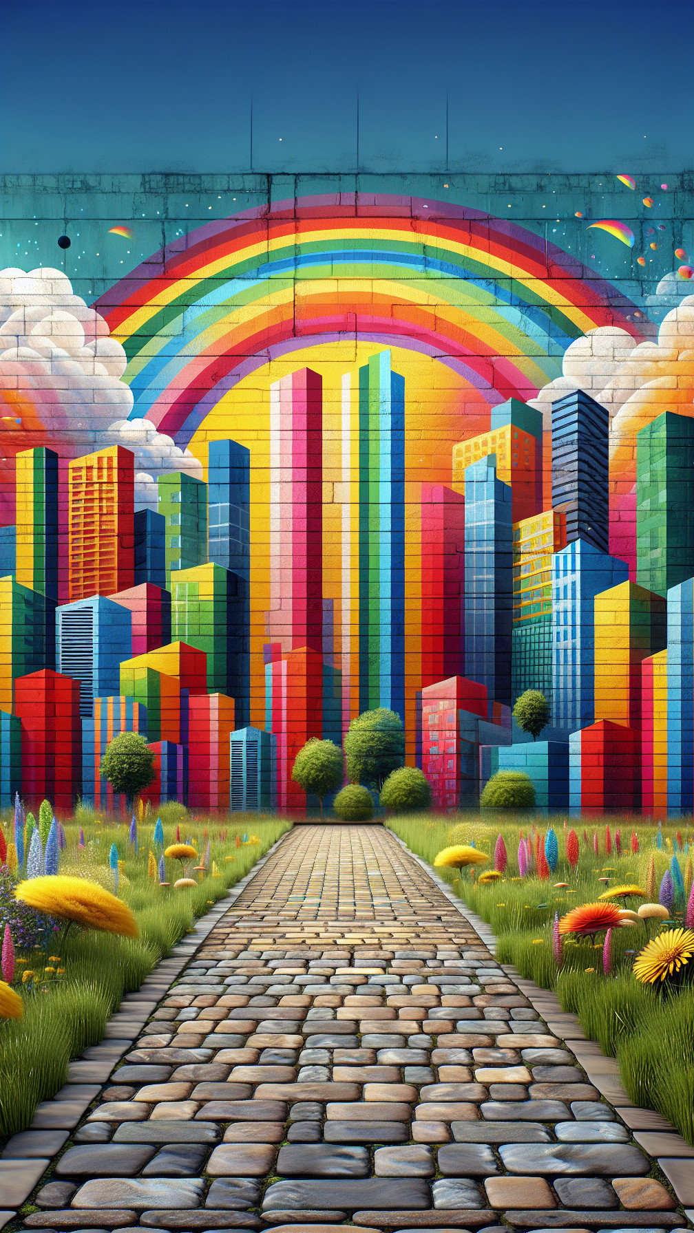 Vibrant Mural of Colorful Urban Landscape and Garden