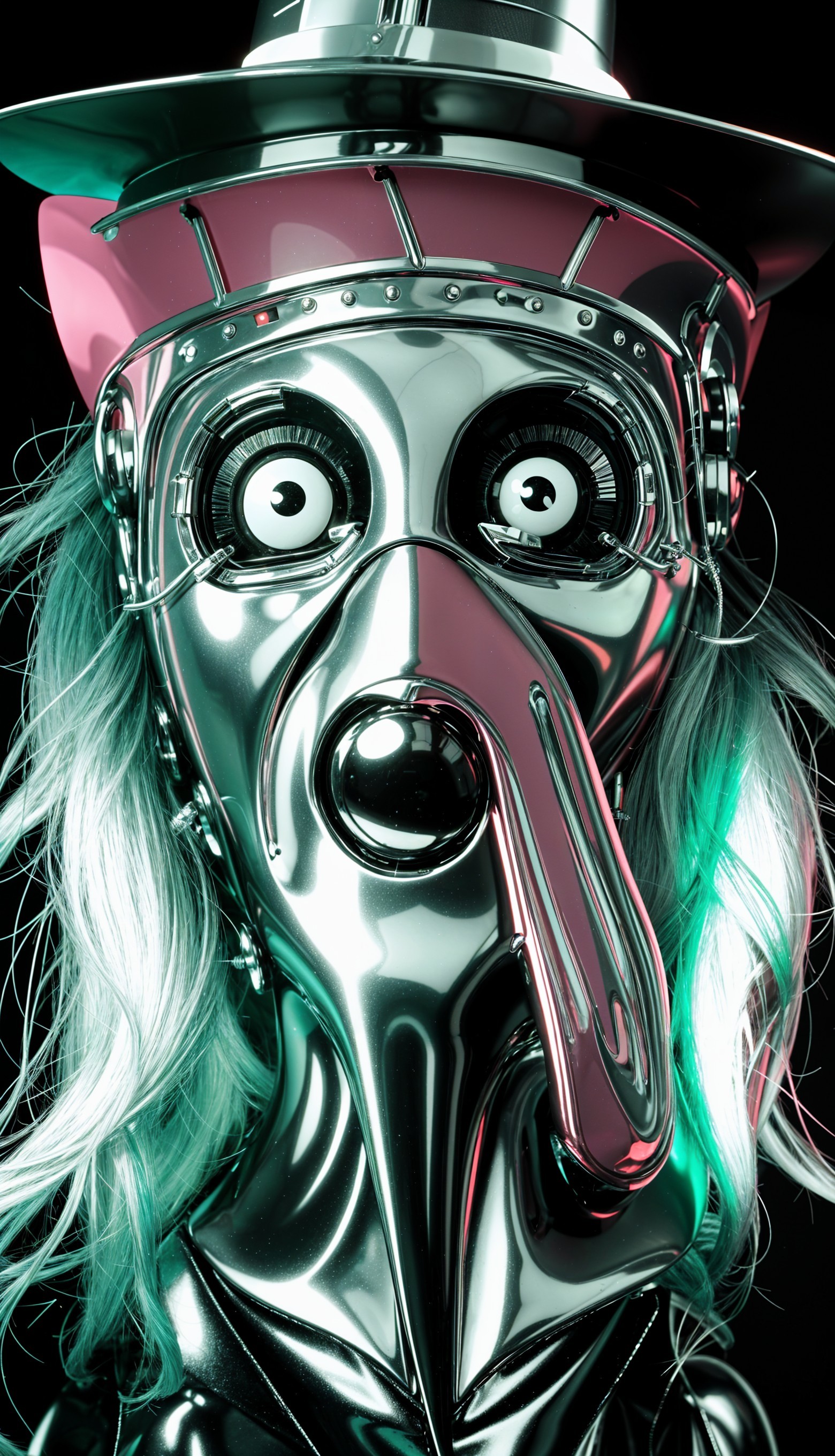 Metallic mask with exaggerated features and vibrant colors