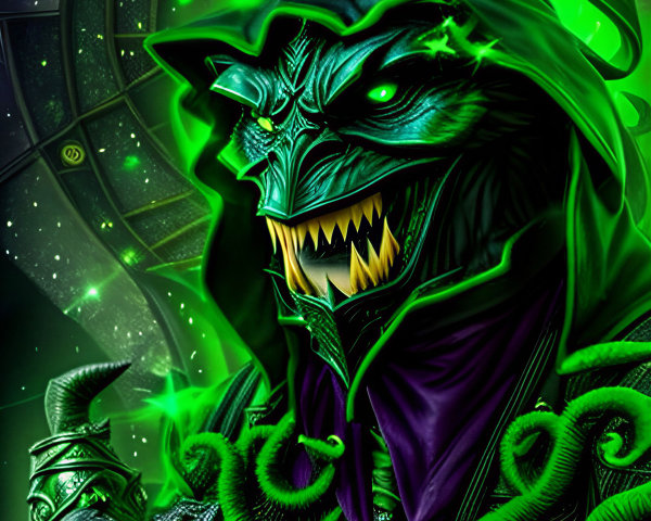 Menacing creature in dark cloak with glowing accents