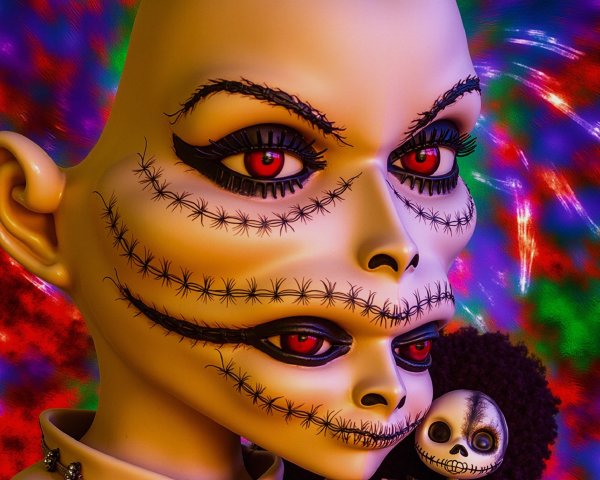 Stylized Figure with Intricate Features and Doll