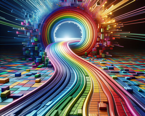 Surreal Rainbow-Colored Tunnel with 3D Landscape