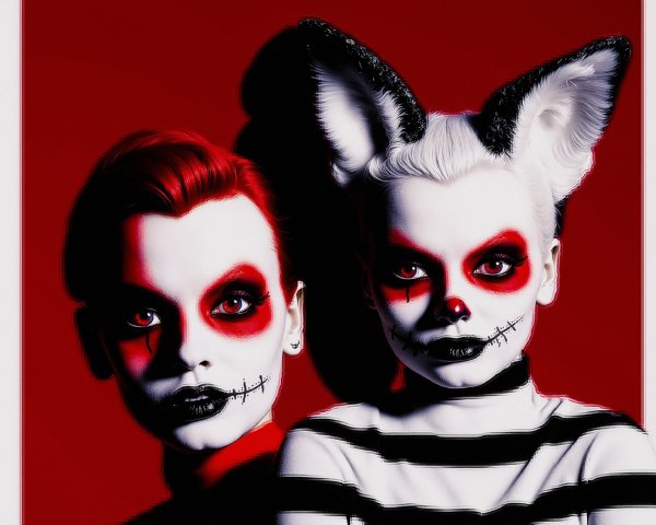 Figures with bold makeup against a red background