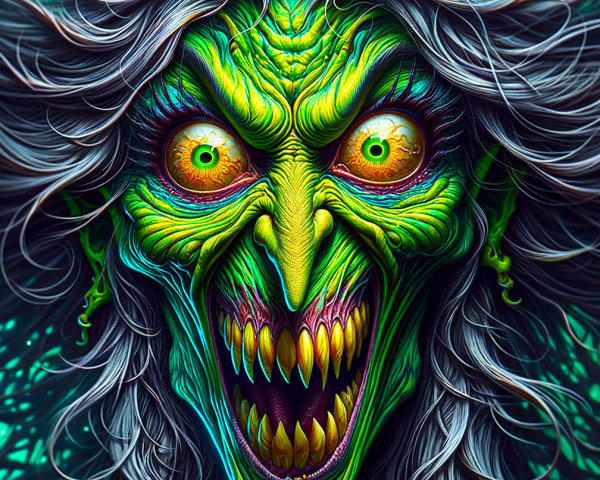 Menacing witch with green skin and glowing eyes