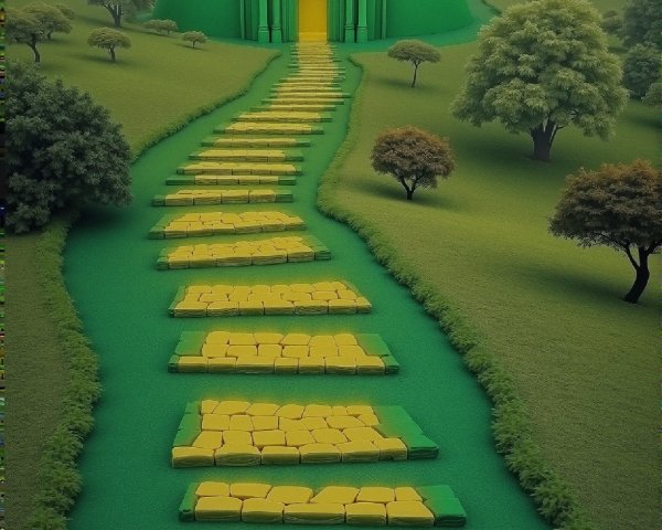Gothic Castle on Yellow Brick Road in Fantasy Landscape