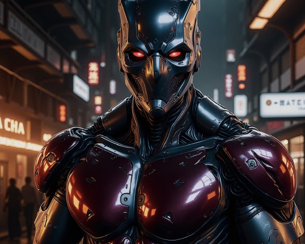 Futuristic Armored Figure in Cyberpunk Urban Setting