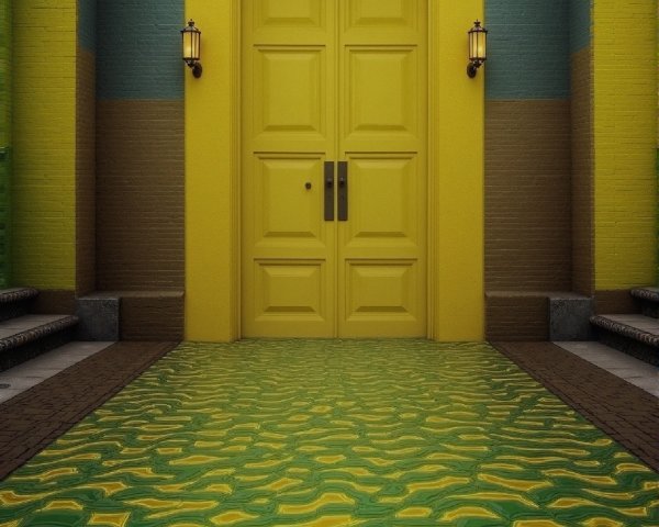 Vibrant Facade with Yellow Door and Reflective Pathway
