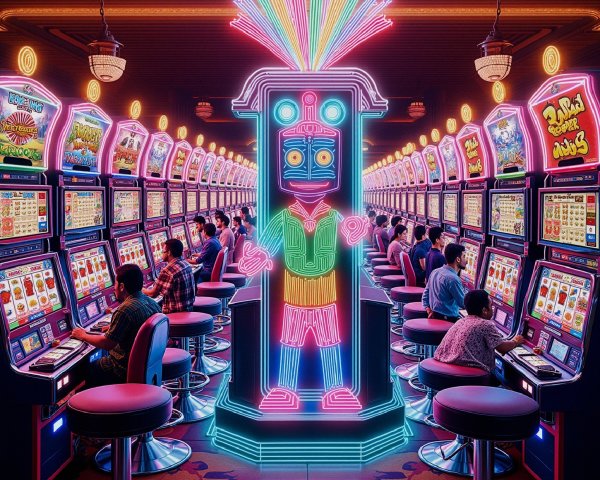 Vibrant Casino Interior with Neon Lights and Slot Machines