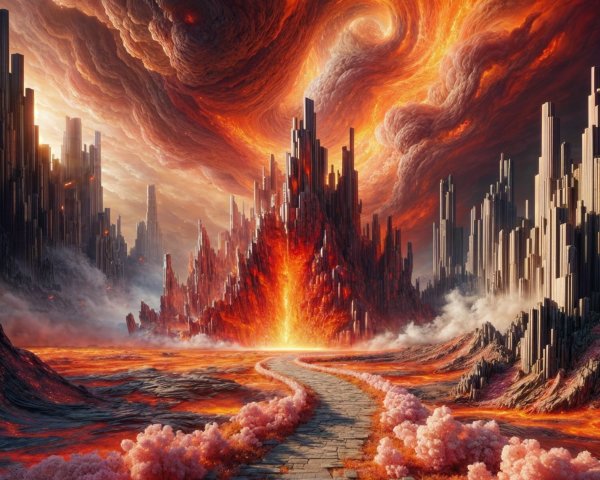 Dramatic Landscape with Fiery Sky and Volcanic Features