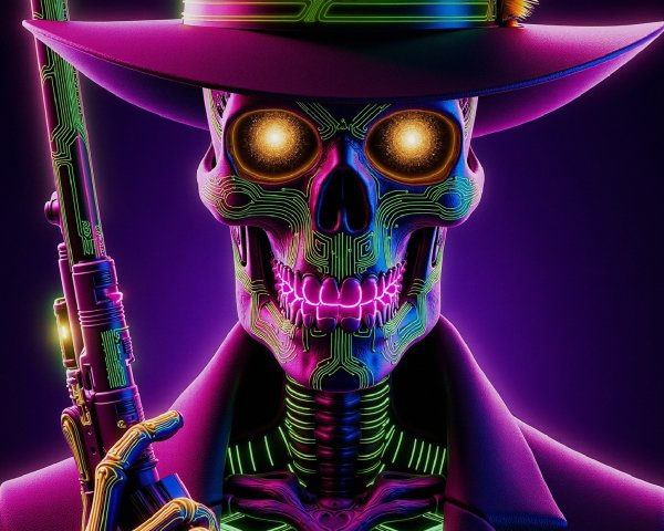Neon Skeleton with Rifle in Futuristic Background