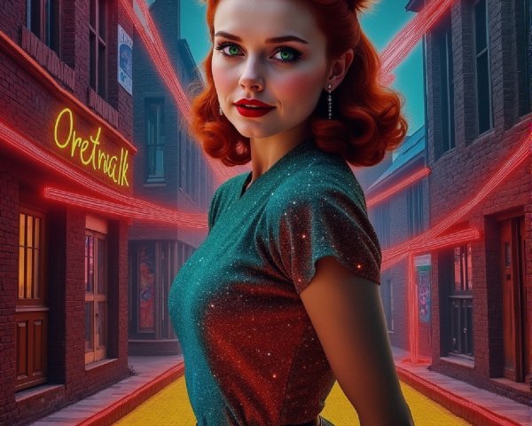 Whimsical Scene of a Woman in a Colorful Alleyway