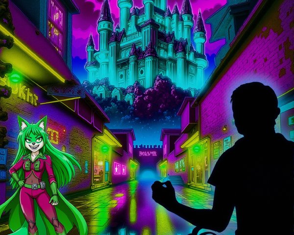 Futuristic Cityscape with Whimsical Character and Castle