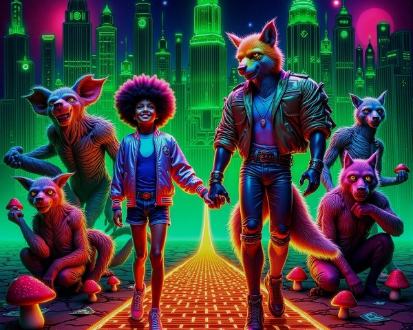 Neon Cityscape with Whimsical Creatures and Adventure