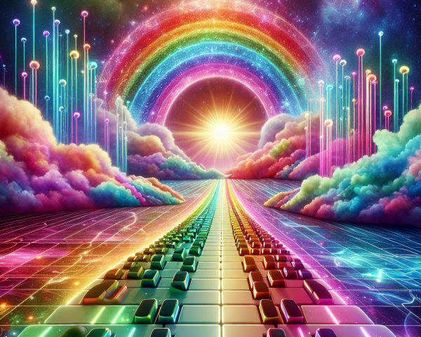 Surreal Landscape with Rainbow and Cosmic Elements