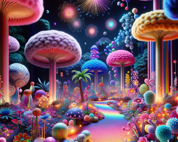 Surreal Landscape with Colorful Mushrooms and Stars