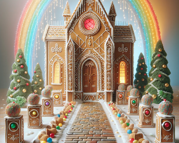 Gingerbread church with candy accents and festive decor