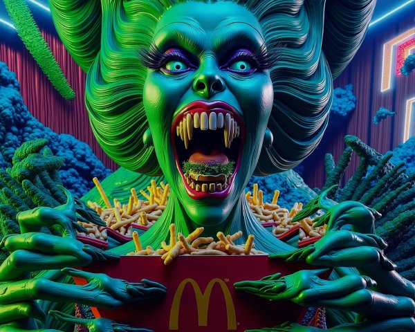 Fantastical Creature with Vibrant Skin and Fries Box