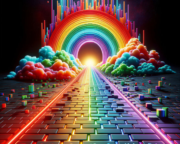 Surreal Landscape with Rainbow and Digital Pathway