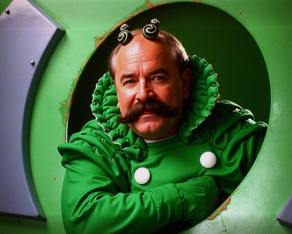 Whimsical Character in Green Circular Frame Design