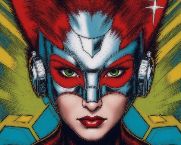 Futuristic Superheroine with Red and Blue Colors