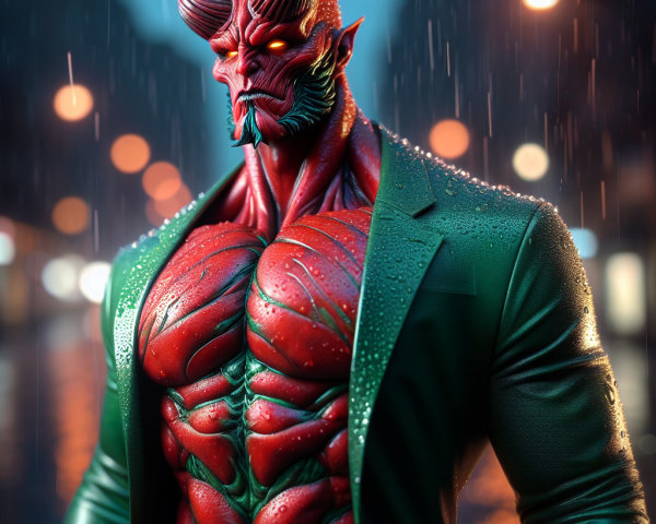 Muscular Demon Figure in Urban Rainy Setting