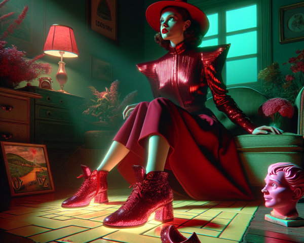 Elegant Woman in Red Dress in Whimsical Room Setting