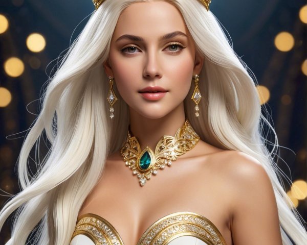 Regal figure with platinum hair and ornate crown