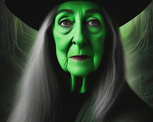 Mystical figure in enchanted forest with green skin