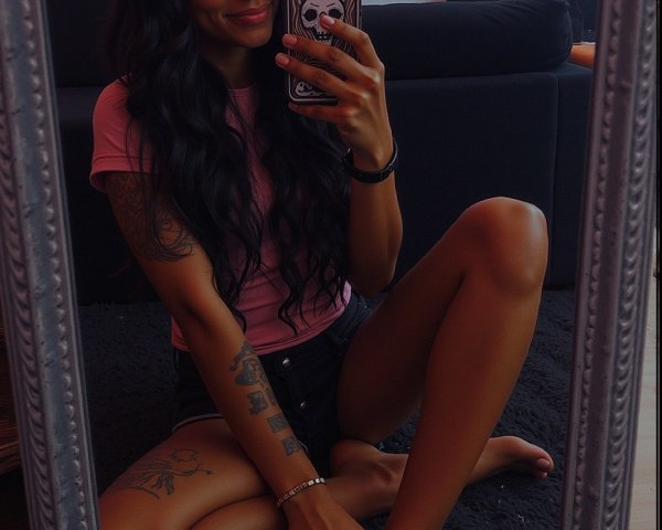 Young woman with tattoos in cozy living room setting