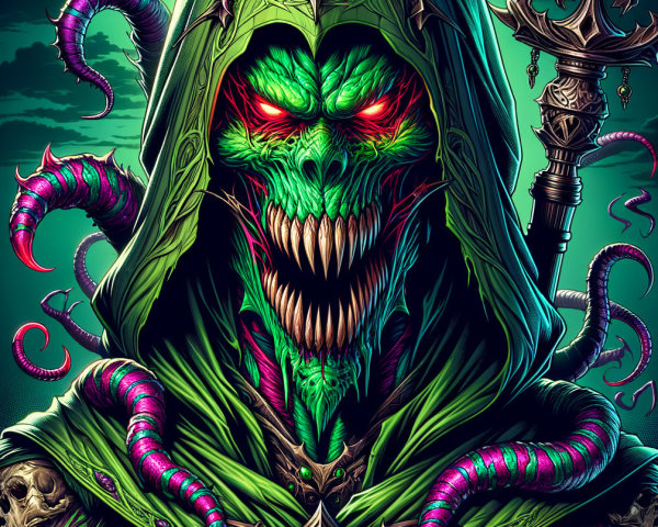 Menacing figure in dark cloak with skull face and tentacles