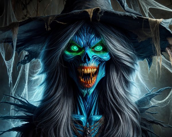 Sinister Figure with Icy Blue Skin and Green Eyes