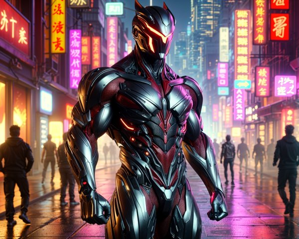 Futuristic cityscape at night with armored figure
