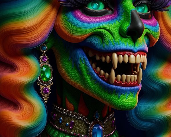 Vibrant Character with Green Skin and Colorful Hair