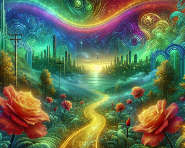 Surreal Landscape with Golden Path and Colorful Roses