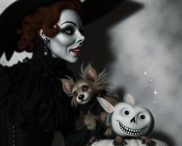 Stylish Witch with Dog and Pumpkin in Eerie Setting
