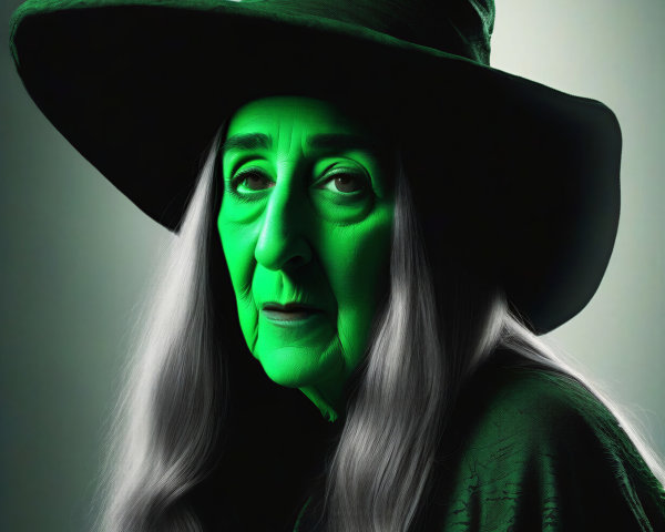 Elderly Witch with Silver Hair and Green Skin