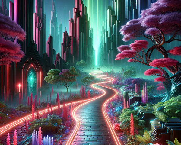 Vibrant Otherworldly Landscape with Neon Lights and Mountains
