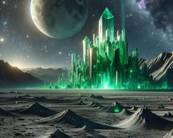 Alien Landscape with Emerald Crystals and Starry Sky