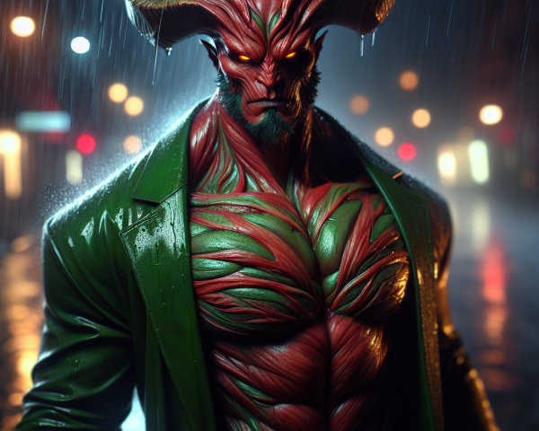 Muscular Demonic Figure Under Rainy Streetlight