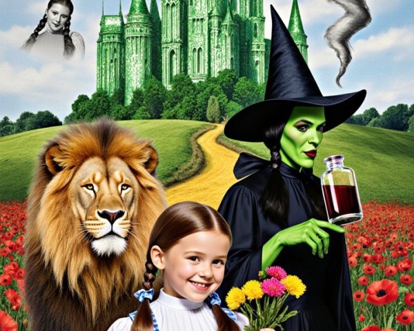 Young girl with lion and witch in vibrant landscape