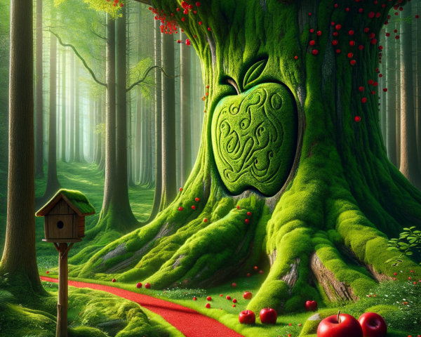 Grand Tree with Apples in Mystical Forest Setting