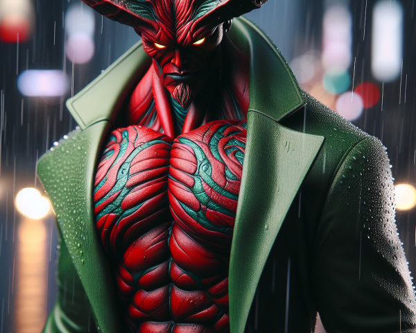 Muscular Red-Skinned Character in Rainy City Scene