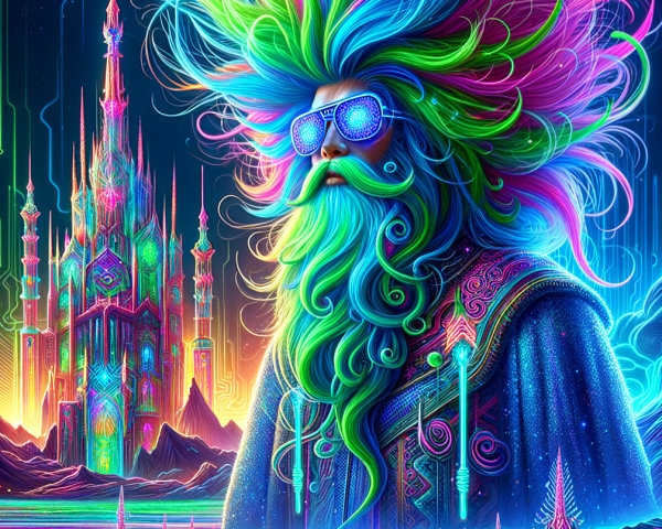 Surreal Scene with Colorful Figure in Neon Landscape