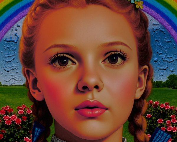 Young girl in vintage dress with rainbow backdrop