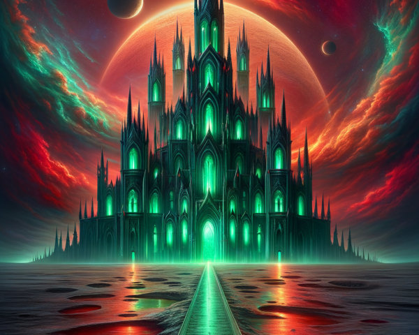 Colossal Dark Castle in Surreal Landscape with Spires